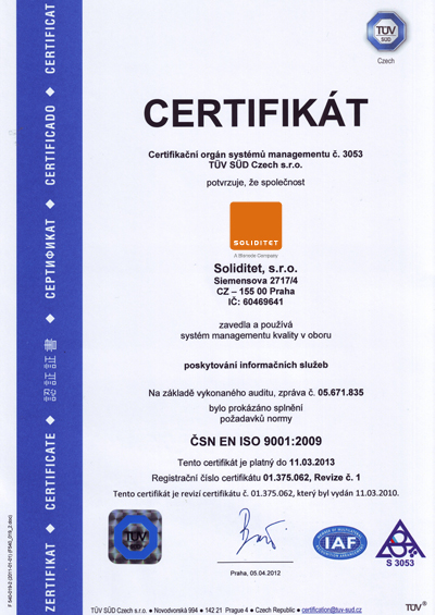 cetifikat CSN EN ISO 9001:2009